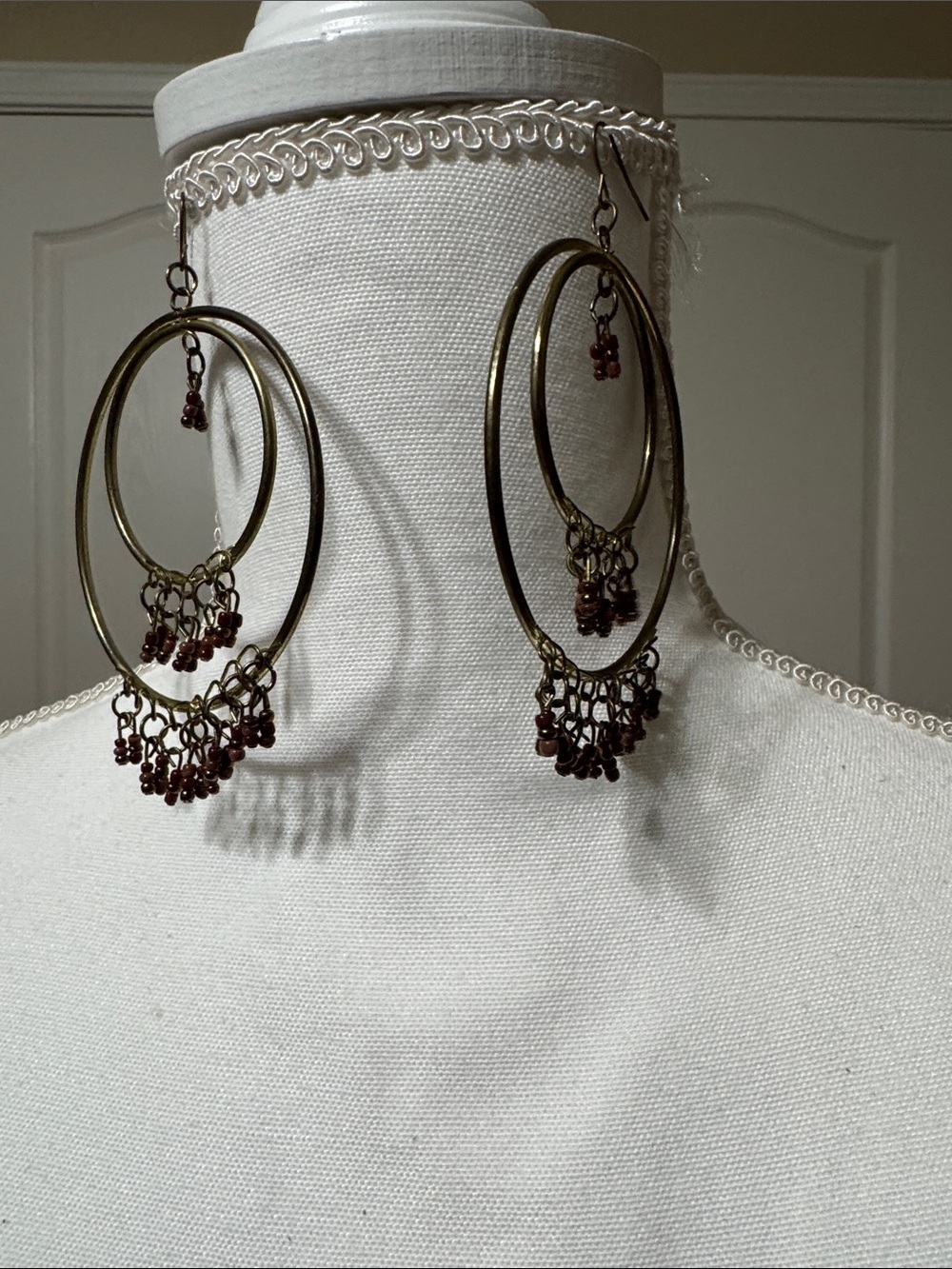Antique Gold-Tone Multi-Hoop Earrings with Brown Bead Fringe